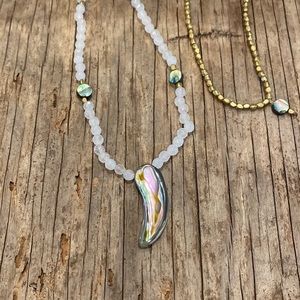 Abalone rose quartz brass long necklace